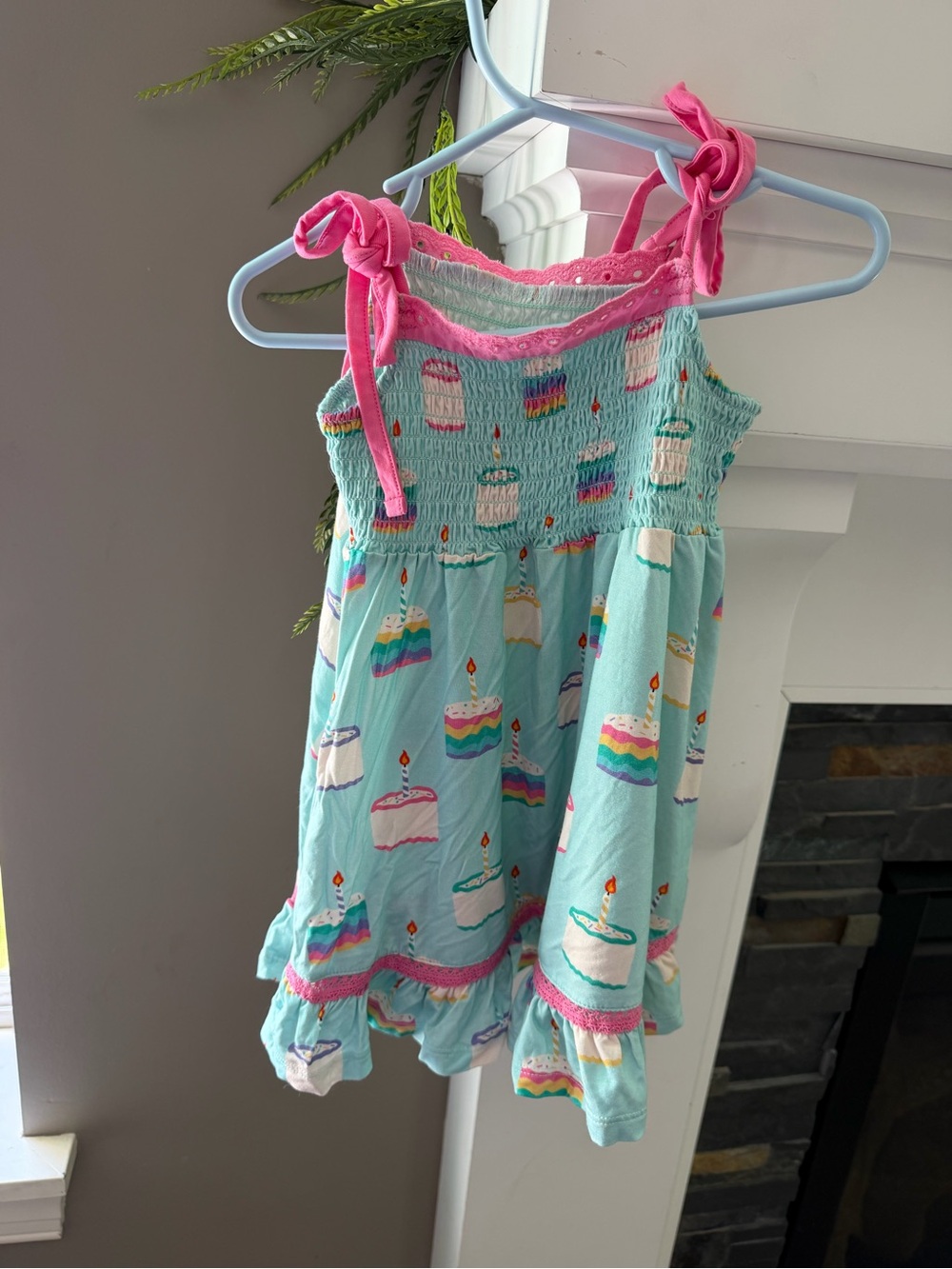 Girls Aqua Cake-Print Sundress with Pink Trim